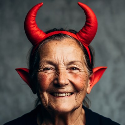 Elderly woman wearing red devil horns