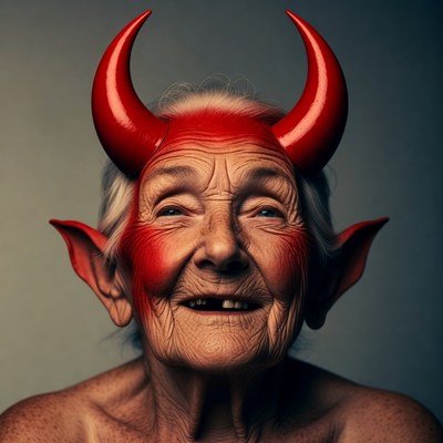 Elderly woman with red devil horns