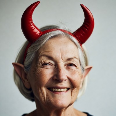 Elderly woman wearing red devil horns