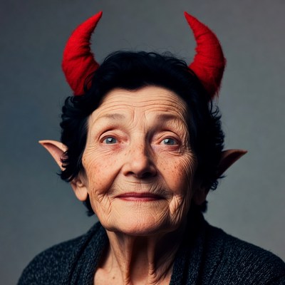 Elderly woman with red devil horns