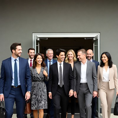 Diverse business team walking through office doors