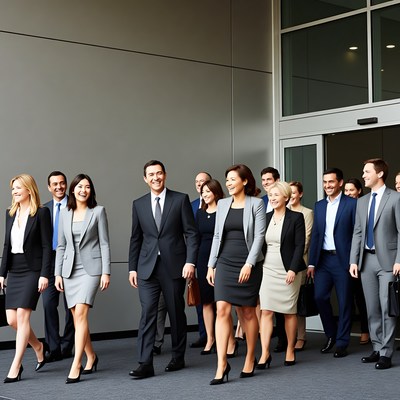 Business professionals walking into office building