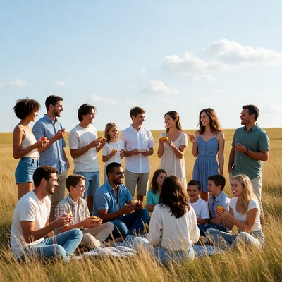 Diverse group eating outdoors on picnic blanket