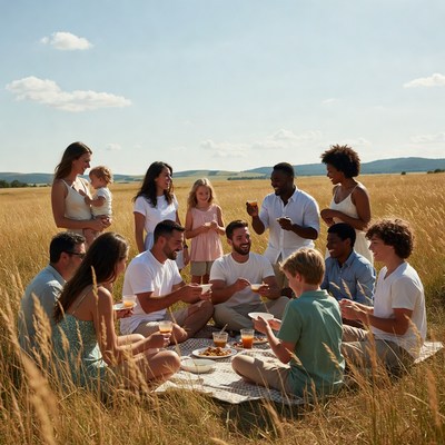 Diverse family picnic in golden field
