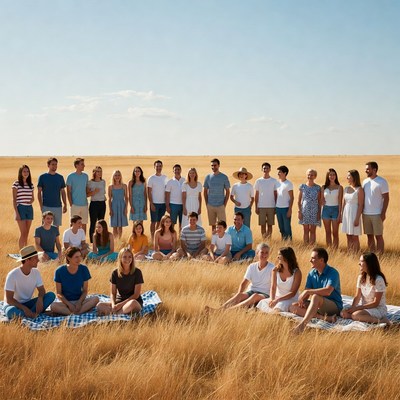 Large group picnic in golden wheat field