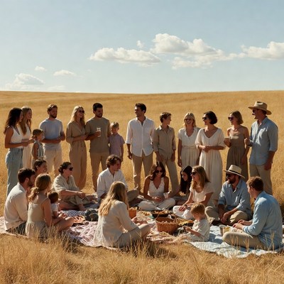 Large family picnic in golden field