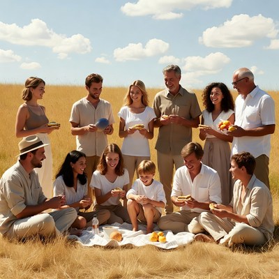 Multigenerational family picnic in wheat field