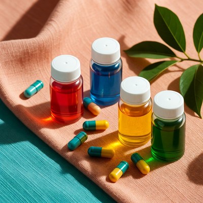 Colorful Medicine Bottles and Pills on Fabric