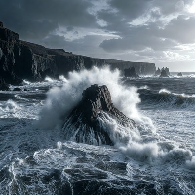 Waves crashing on rock with cliffs