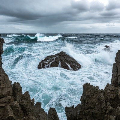 Ocean Waves Crashing on Rocks