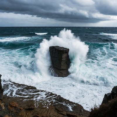 Waves crashing against rock formation