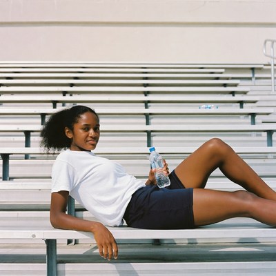 African-American girl with water bottle on bleachers