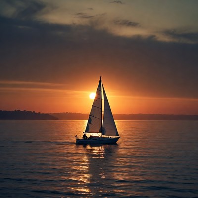 Sailboat Silhouetted Against Sunset