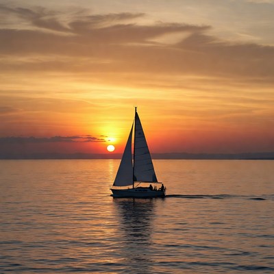 Sailboat on calm sea at sunset