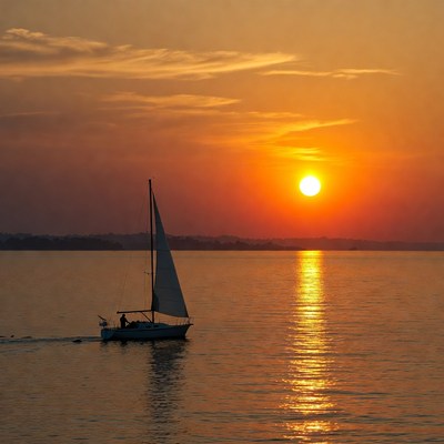 Sailboat on lake at sunset