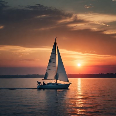 Sailboat on lake at sunset