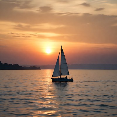 Sailboat on lake at sunset