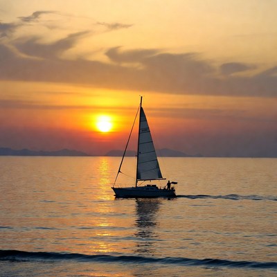 Sailboat at sunset on calm sea