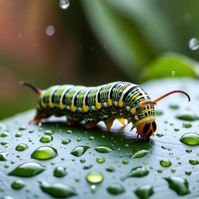 Green striped caterpillar on dewy leaf