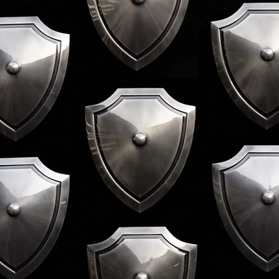 Shiny Metal Shields on Black Background