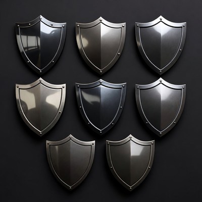 Nine Metallic Shields on Black Background