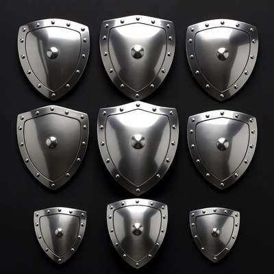 Nine Metallic Shields on Black Background