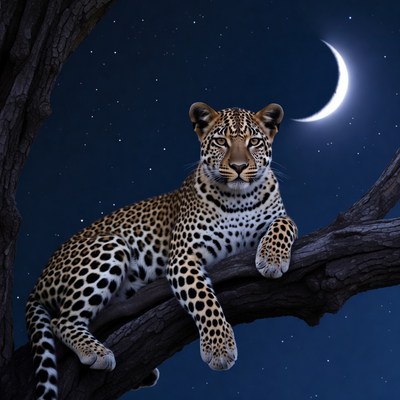 Leopard lounging on tree branch at night