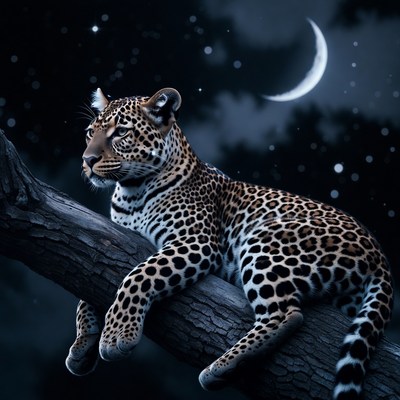 Leopard on tree branch under starry moonlit sky