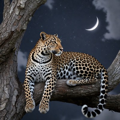 Leopard lounging on tree branch at night