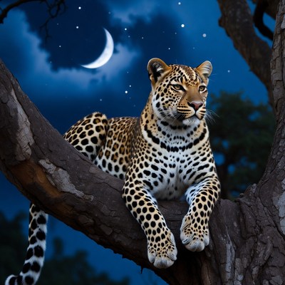 Leopard lounging on tree branch at night
