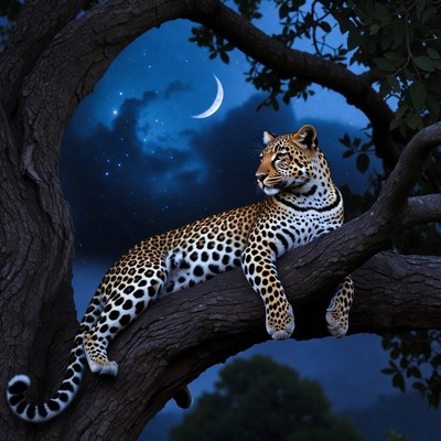 Leopard lounging on tree branch at night