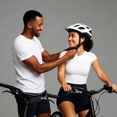 African-American couple adjusting bike helmet