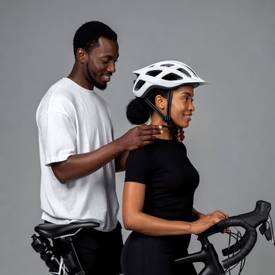 Man adjusting helmet on woman with bicycles
