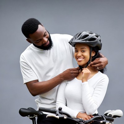 Man helping woman adjust bike helmet