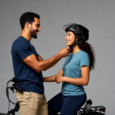 Man helping woman adjust bike helmet