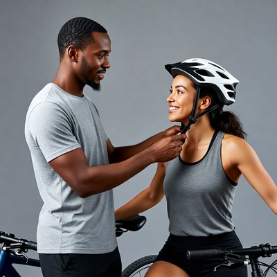 Man helping woman adjust bike helmet