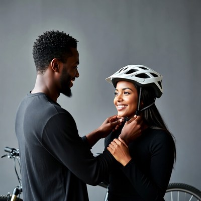 Man adjusting woman's bike helmet