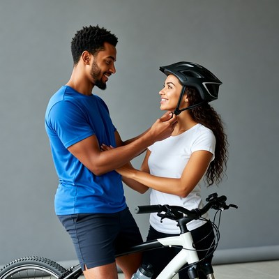 African-American couple adjusting bike helmet