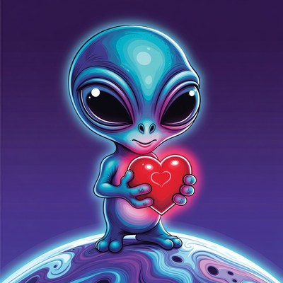 Cute Alien Holding Glowing Heart