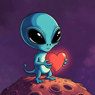 Cute Alien Holding Heart on Moon