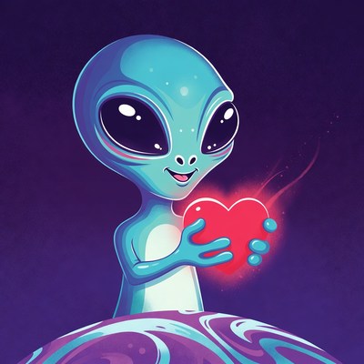 Cute blue alien holding heart