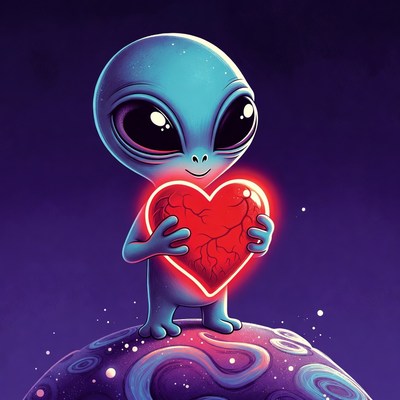Cute alien holding glowing heart