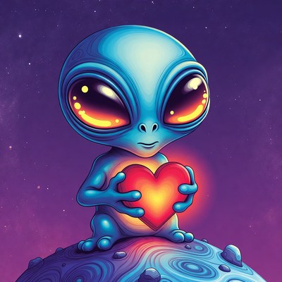 Cute blue alien holding heart