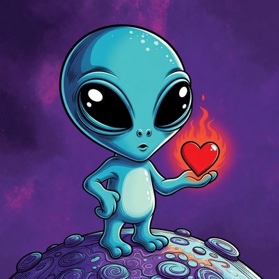 Cute Alien Holding Flaming Heart