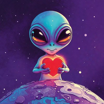 Cute Alien Holding Glowing Heart