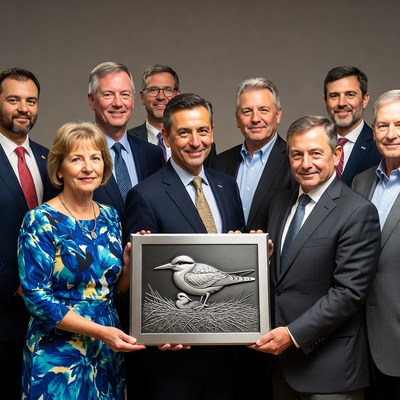 Group holding silver beach stone curlew plaque