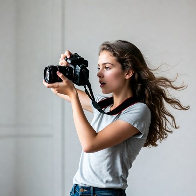 Young woman holding camera