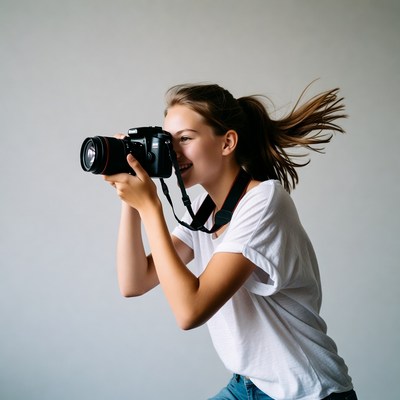 Young woman taking photo with camera