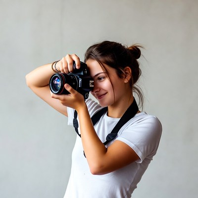 Young woman taking photo with camera
