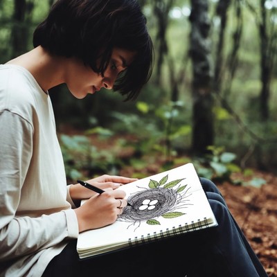 Woman drawing bird nest in forest
